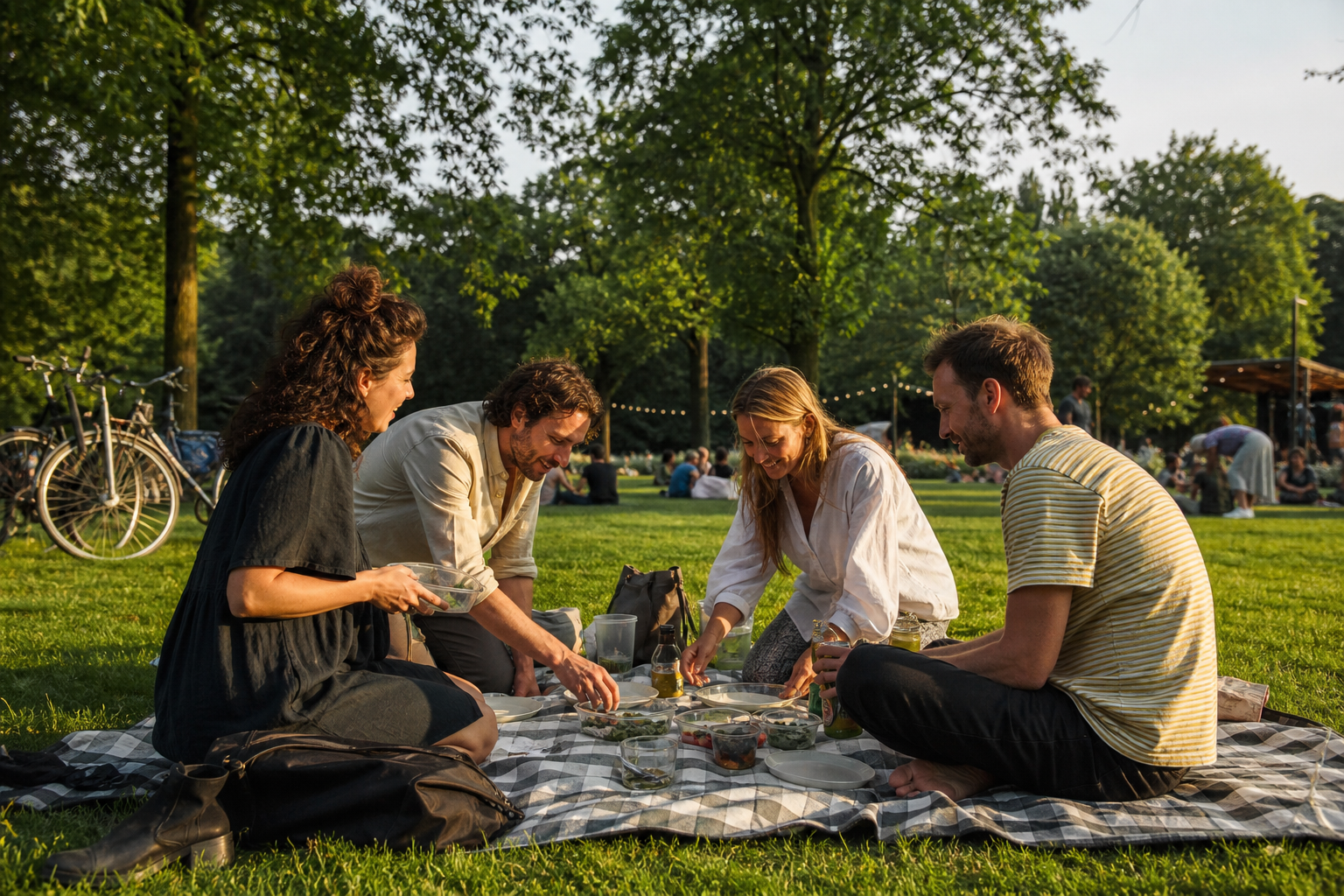Vier vrienden leggen eten klaar op een kleed in een groen park bij avondlicht