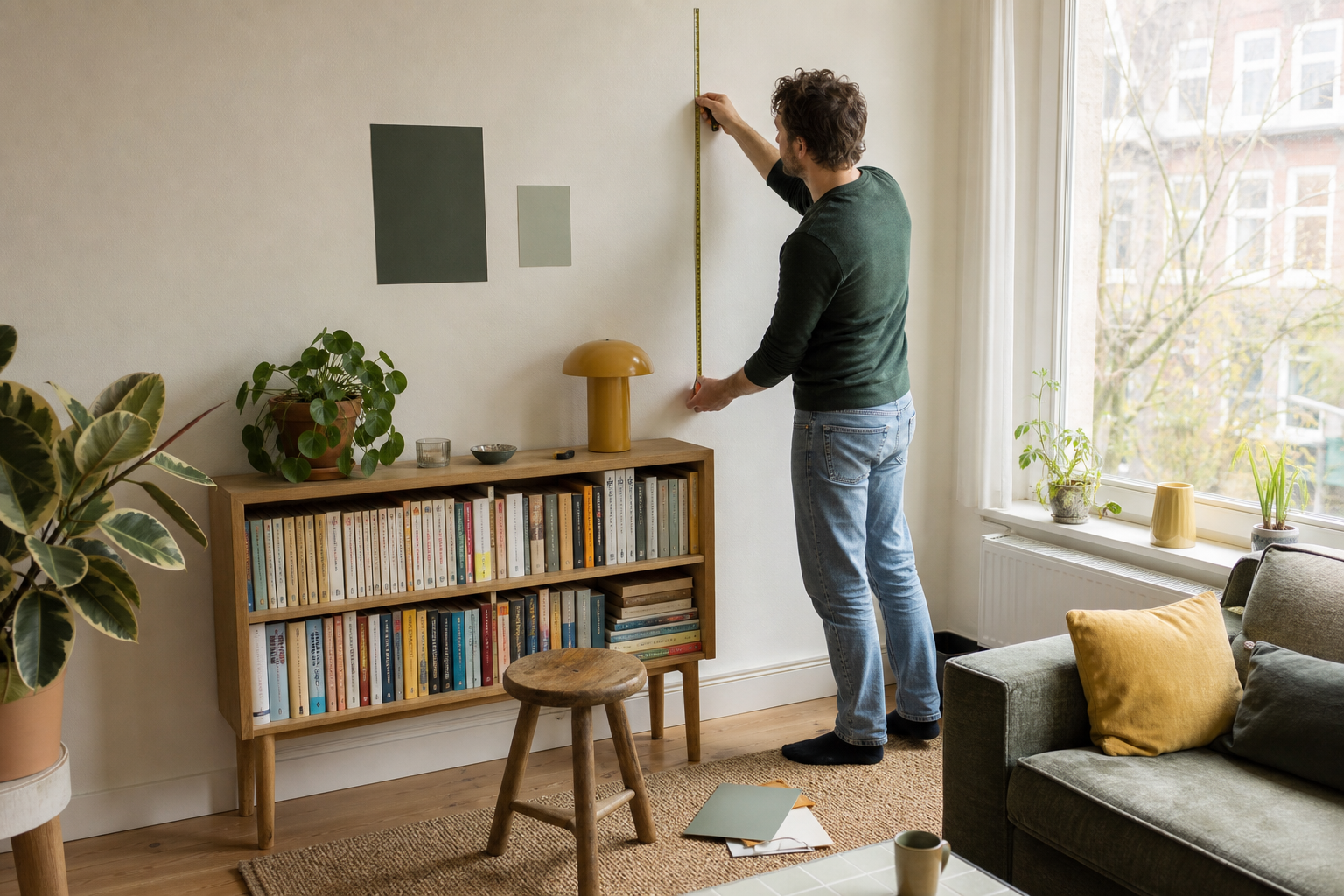 Man meet een muur boven een lage boekenkast in een lichte woonkamer