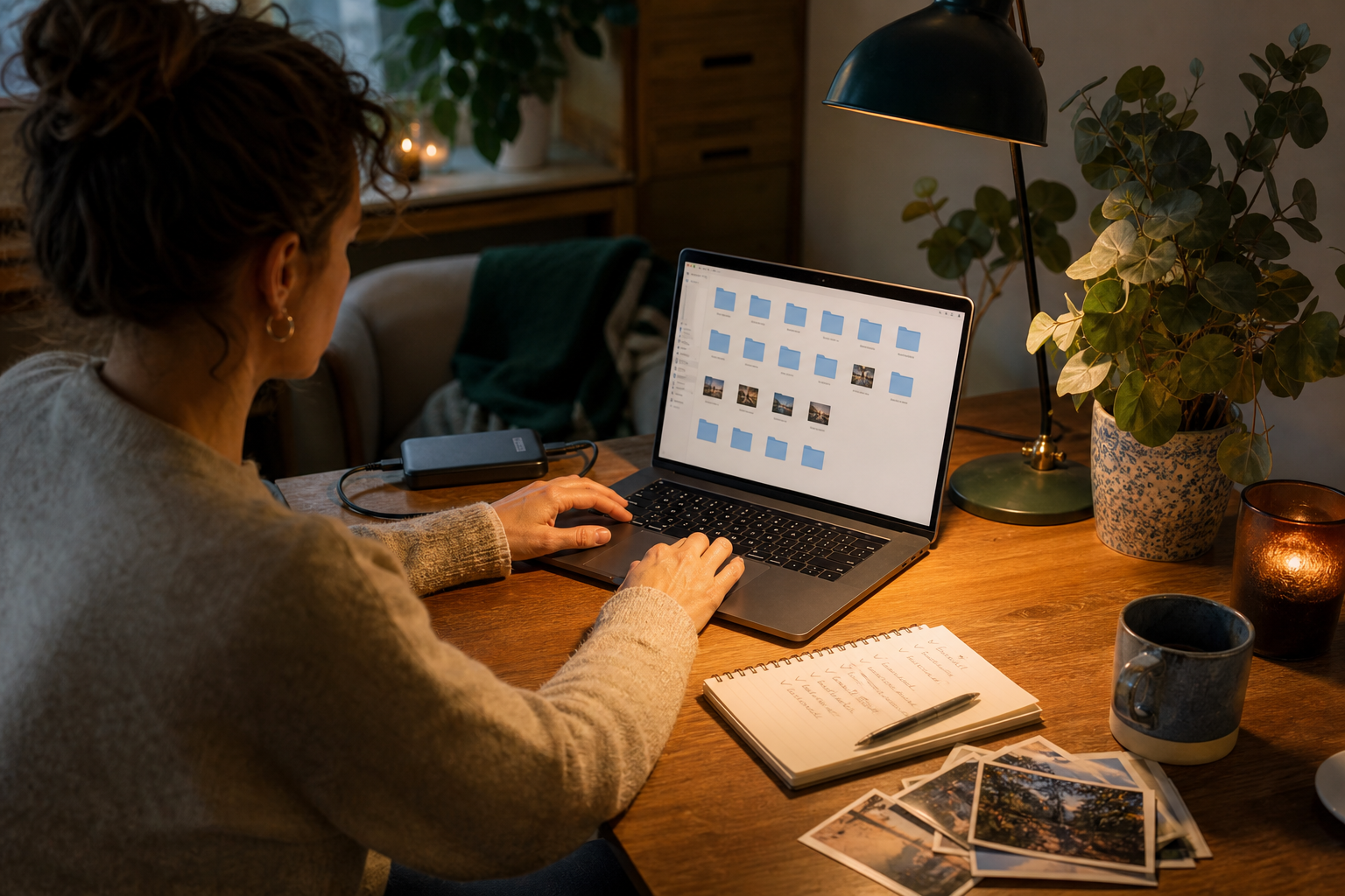 Rustige dagelijkse situatie passend bij een digitale opruimavond beginnen zonder alles tegelijk te doen