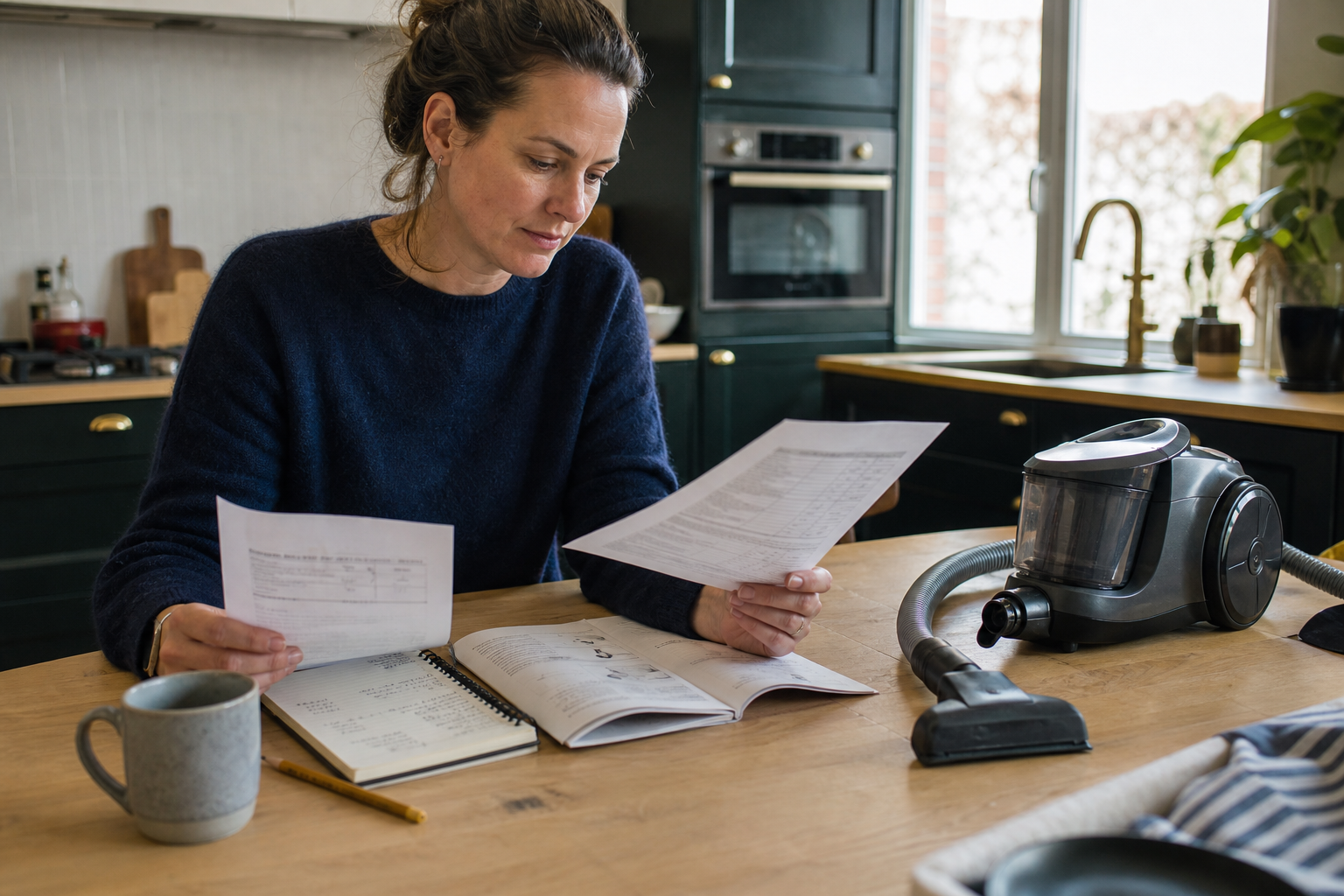 Vrouw vergelijkt papieren naast een kleine stofzuiger aan de keukentafel