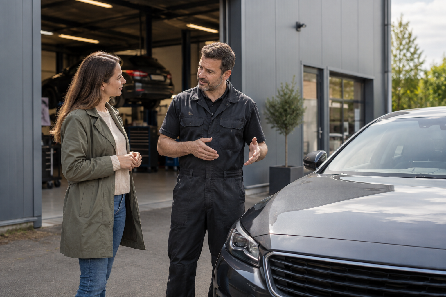 Automobilist bespreekt onderhoud met een monteur